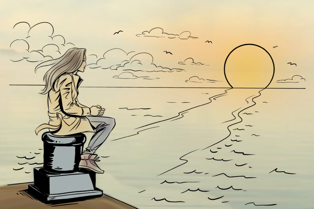 Ilustracija ženske, ki sedi na obali in opazuje sončni zahod.